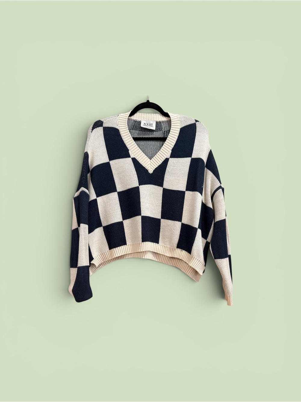Chunky Checkerboard V-Neck Sweater in Black and Cream